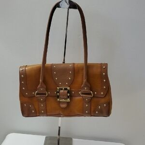 Elegant Brown Leather Shoulder Bag with Studs